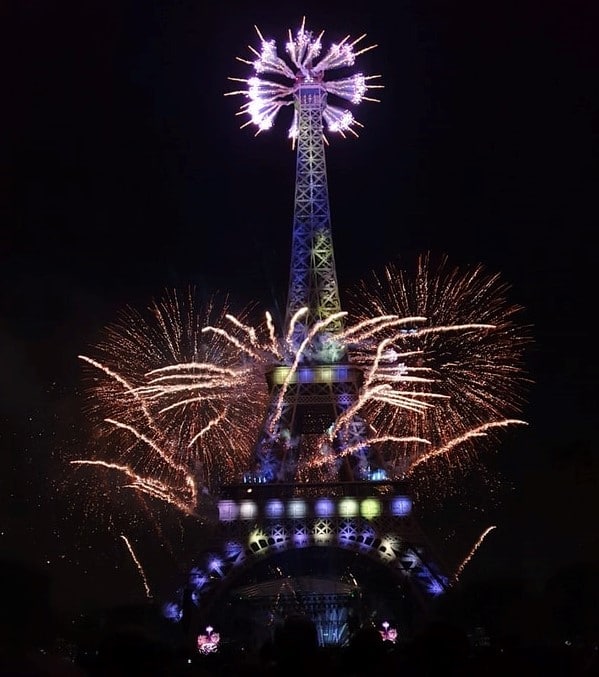 Fireworks around the Eiffel Tower in Paris